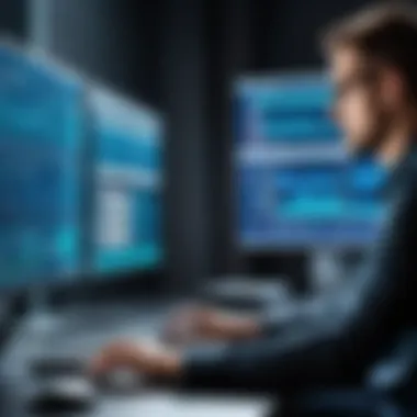 A cybersecurity expert analyzing DDoS attack simulations on a digital dashboard