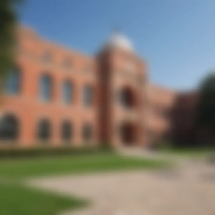 Panoramic shot of the main academic building at Amu University with clear blue skies