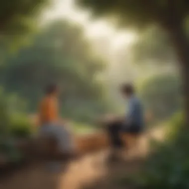 Artistic representation of a teacher mentoring a student in a serene outdoor setting