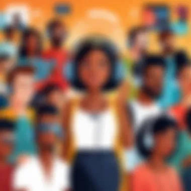 Diverse Music Lovers Community Illustration of a diverse group of music lovers enjoying radio apps