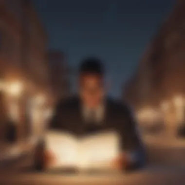 Malcolm X reading books under a street lamp