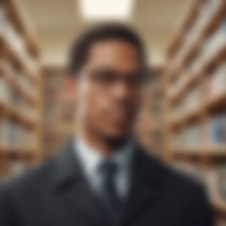 Malcolm X standing in front of a library