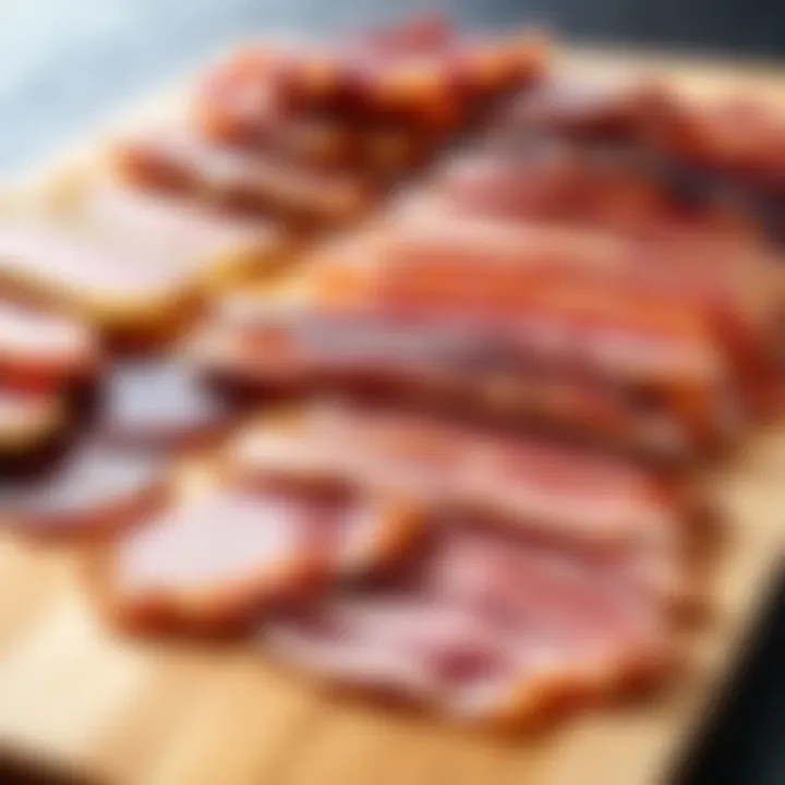 A beautiful assortment of non-pork bacon alternatives placed on a wooden board, showcasing their textures and colors.