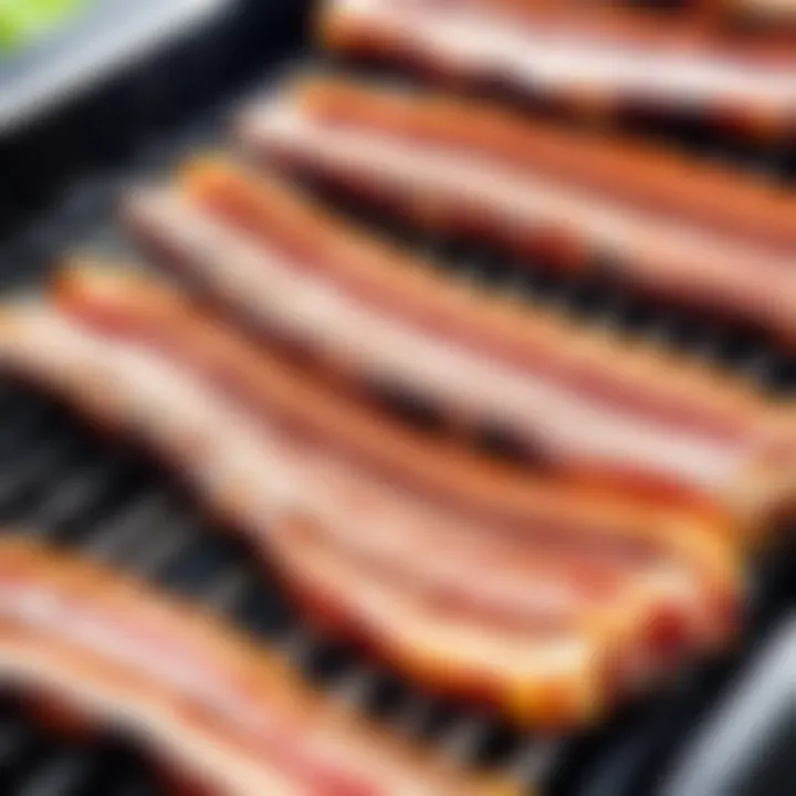 A close-up of a sizzling plant-based bacon strip on a grill, highlighting its crispy texture.