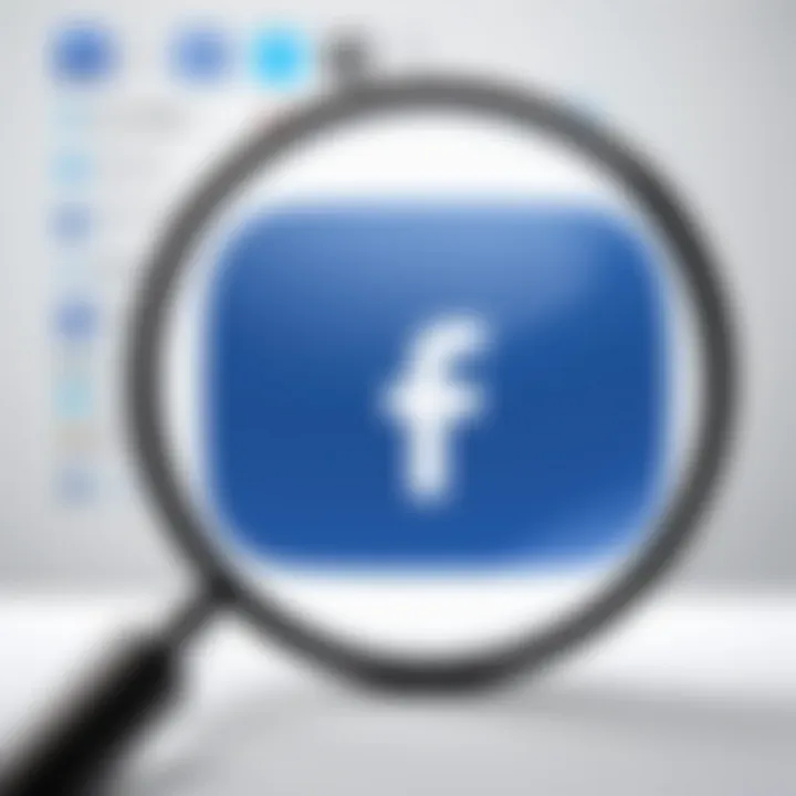 Illustration depicting Facebook logo with a magnifying glass exploring social media landscape