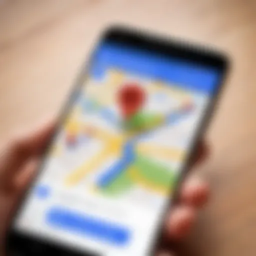 A close-up of an Android phone displaying the Google Maps interface with a location pin.