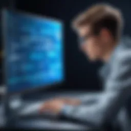 A young coder working on a laptop with programming visuals on the screen