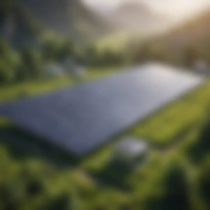 Solar panels against a backdrop of lush green landscape