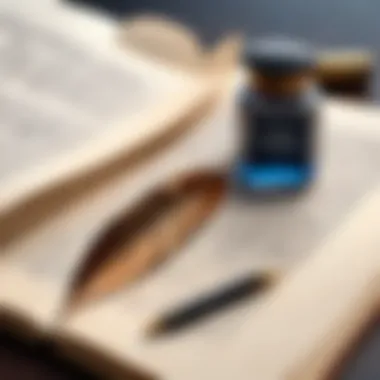 The Craft of Poetry A quill and inkpot resting on an open manuscript filled with verses.