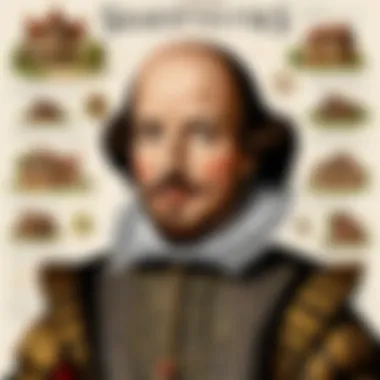 The Legacy of Shakespeare's Literature An array of Shakespeare's works displayed alongside a backdrop of Elizabethan England.