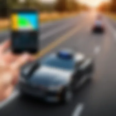 Driver Utilizing GPS Radar Detector App A driver using a GPS-enabled radar detector app while on the road.